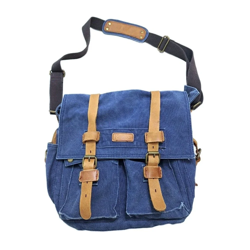 Kattee Military Messanger Bag Canvas Leather Shoulder Bag Camera Laptop Blue